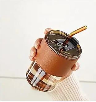 Coffee Glass Mug with straw, Lid & Leather sleeve, Leather Sleeve With Protective Leather Sleeve, Reusable Glass Coffee Tumbler 450ml