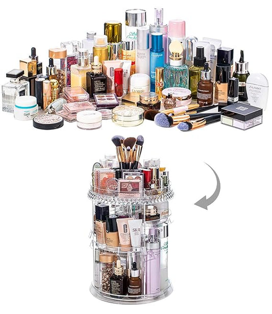 360° Rotating Makeup Organizer Stand for Vanity Countertop Storage, Adjustable Cosmetic Display Stand Box""Acrylic Rotating makeup Organizer with Lid Transparent,