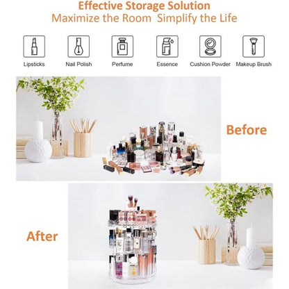 360° Rotating Makeup Organizer Stand for Vanity Countertop Storage, Adjustable Cosmetic Display Stand Box""Acrylic Rotating makeup Organizer with Lid Transparent,