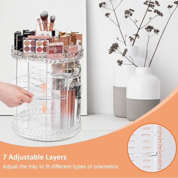 360° Rotating Makeup Organizer Stand for Vanity Countertop Storage, Adjustable Cosmetic Display Stand Box""Acrylic Rotating makeup Organizer with Lid Transparent,