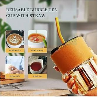 Coffee Glass Mug with straw, Lid & Leather sleeve, Leather Sleeve With Protective Leather Sleeve, Reusable Glass Coffee Tumbler 450ml