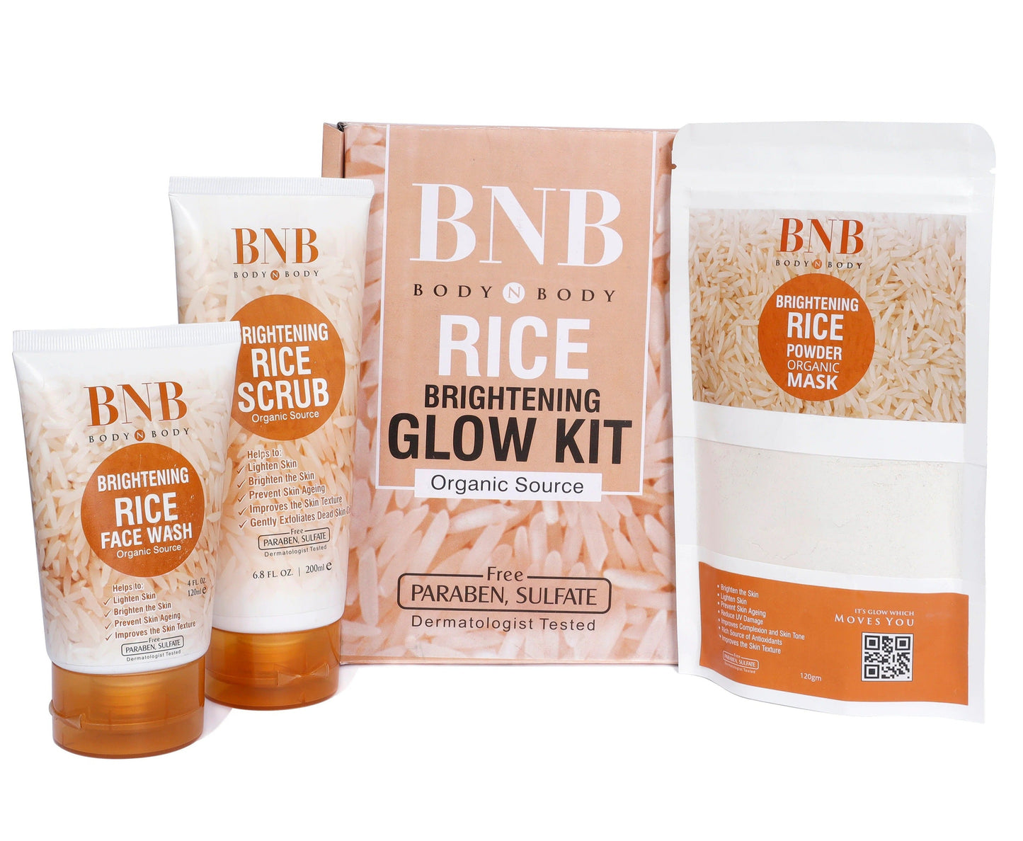 BNB Rice Brightening Glow Kit Rice Face Wash Powder Mask Scrub 3in1