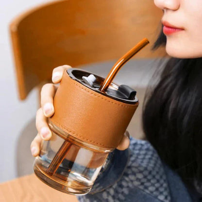 Coffee Glass Mug with straw, Lid & Leather sleeve, Leather Sleeve With Protective Leather Sleeve, Reusable Glass Coffee Tumbler 450ml