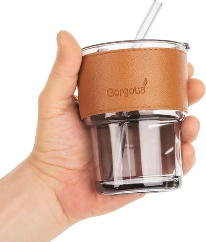 Coffee Glass Mug with straw, Lid & Leather sleeve, Leather Sleeve With Protective Leather Sleeve, Reusable Glass Coffee Tumbler 450ml