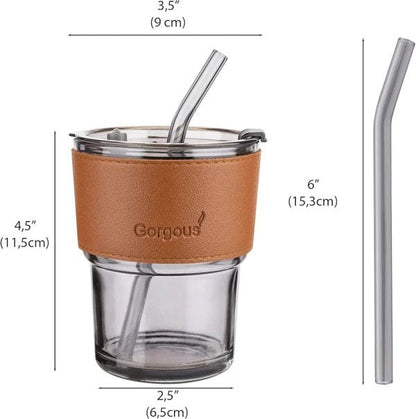 Coffee Glass Mug with straw, Lid & Leather sleeve, Leather Sleeve With Protective Leather Sleeve, Reusable Glass Coffee Tumbler 450ml