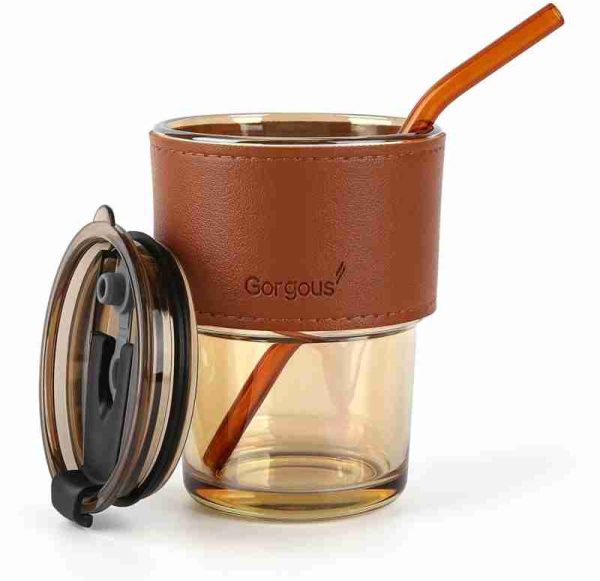 Coffee Glass Mug with straw, Lid & Leather sleeve, Leather Sleeve With Protective Leather Sleeve, Reusable Glass Coffee Tumbler 450ml