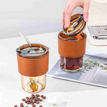 Coffee Glass Mug with straw, Lid & Leather sleeve, Leather Sleeve With Protective Leather Sleeve, Reusable Glass Coffee Tumbler 450ml