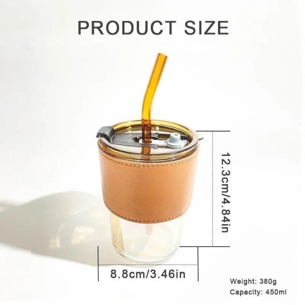 Coffee Glass Mug with straw, Lid & Leather sleeve, Leather Sleeve With Protective Leather Sleeve, Reusable Glass Coffee Tumbler 450ml